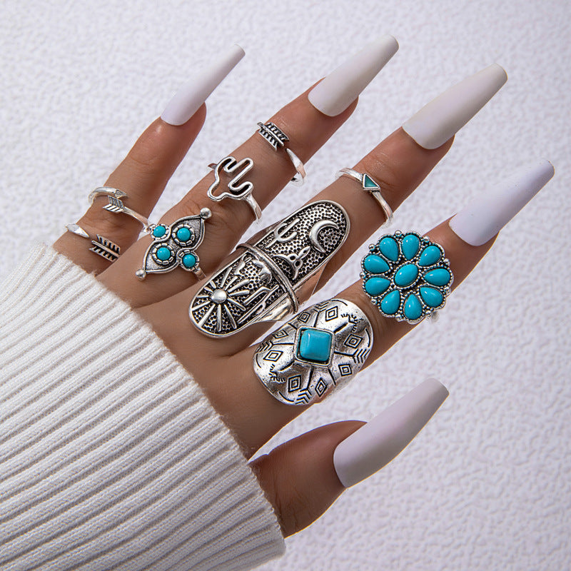Wholesale new vintage ethnic style inlaid turquoise carved feather ring suit